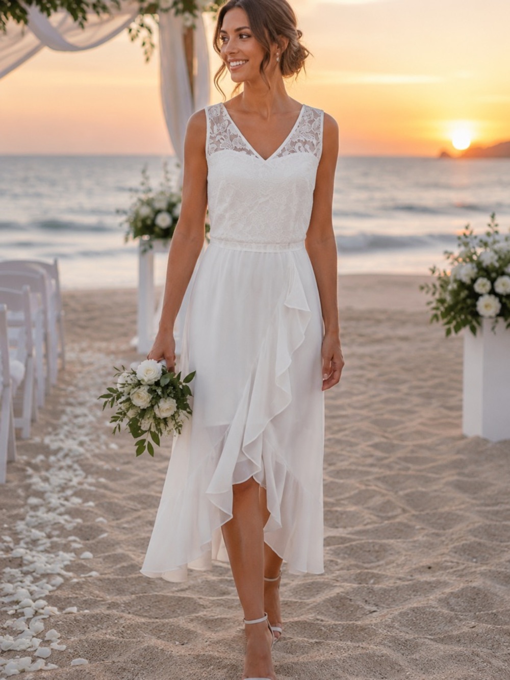 Women’s Floral Lace Dress Elegant V Neck Ruffle zip back White XL  Beach wedding